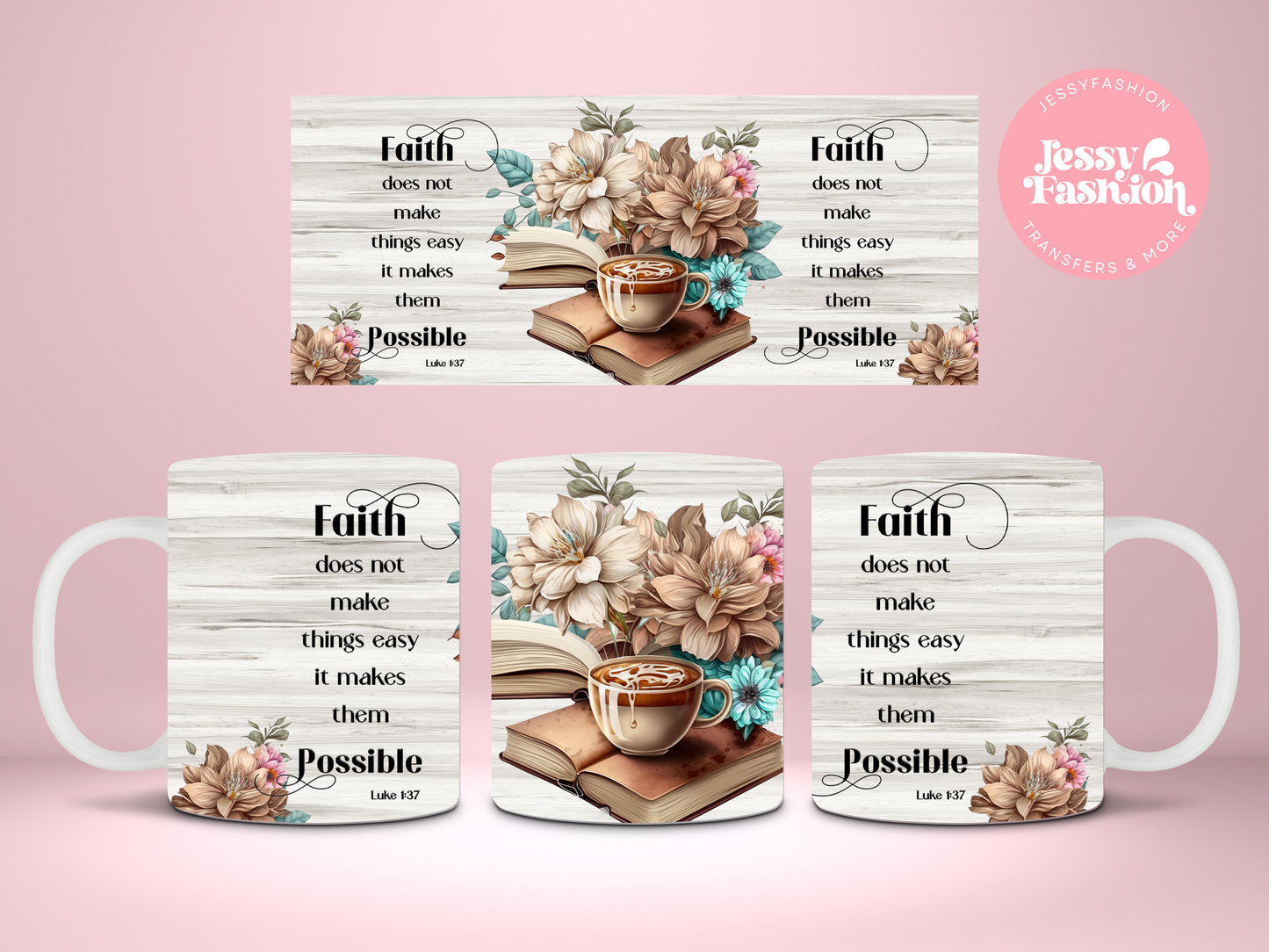 Faith floral coffee book sublimation mug transfer