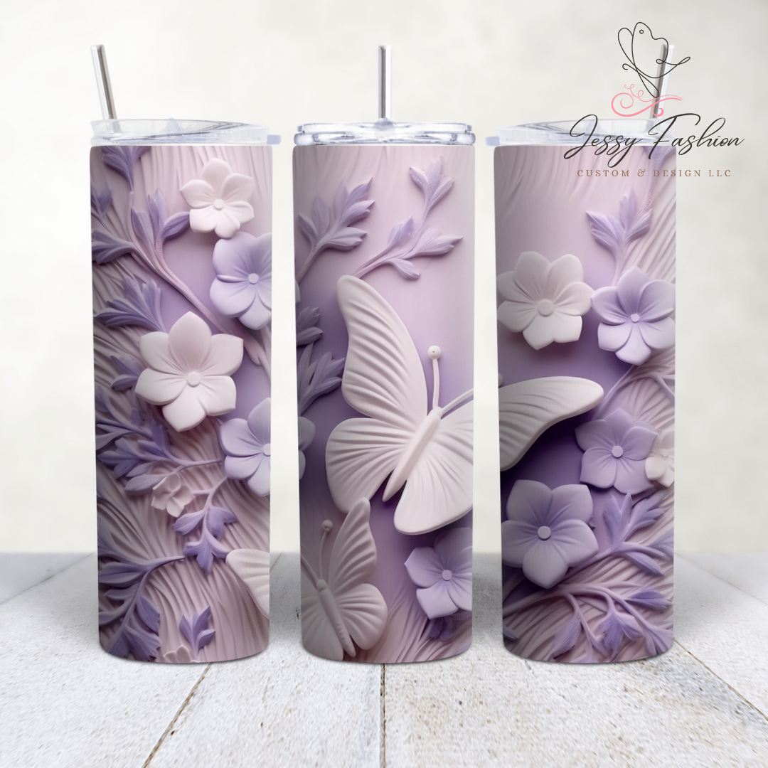 3D White Purple Butterfly Tumbler