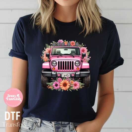 Pink jeep with flowers DTF Shirt Transfer