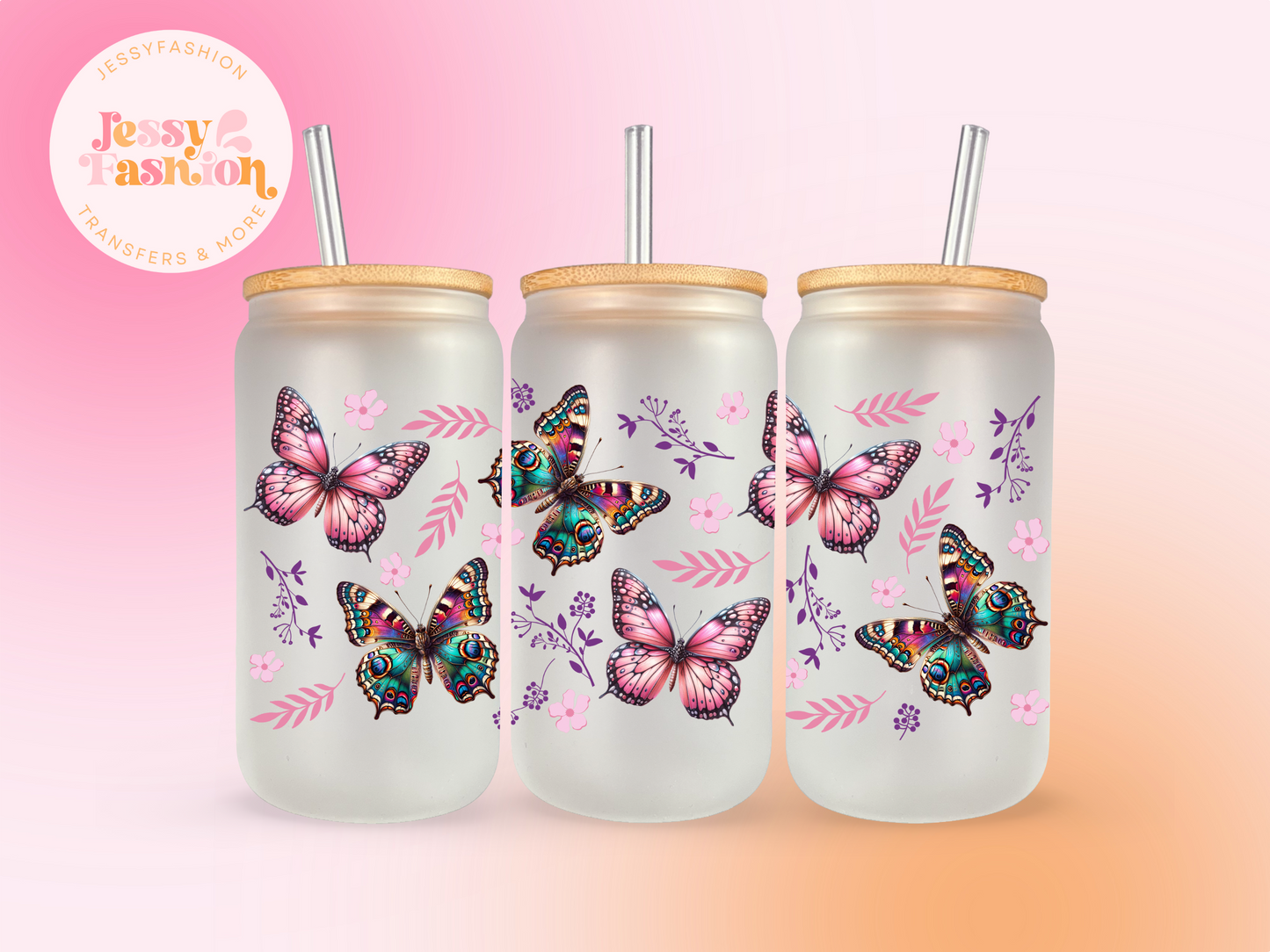 Pink and Colorful Butterflies UV DTF CUP WRAP