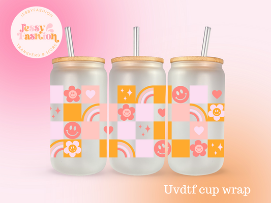 Floral smile face Checkerboard DTF CUP WRAP