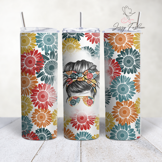 Messy bun retro daisy flowers Tumbler